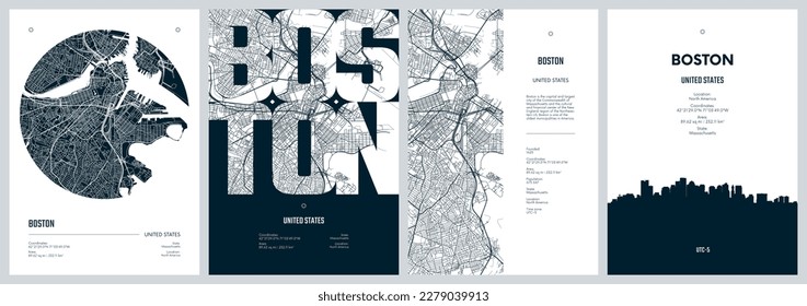 Set of travel posters with Boston, detailed urban street plan city map, Silhouette city skyline, vector artwork svg