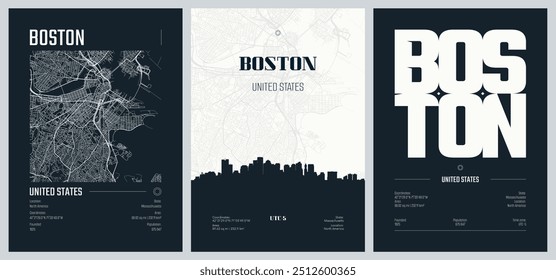 Conjunto de carteles de viaje con Boston, mapa urbano detallado de la ciudad de Plan de la calle, horizonte de la ciudad de la silueta, obras de arte del Vector, conjunto 2