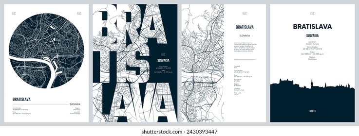 Set of travel posters with Bratislava, detailed urban street plan city map, Silhouette city skyline, vector artwork