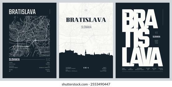 Set of travel posters with Bratislava, detailed urban street plan city map, Silhouette city skyline, vector artwork, set 2