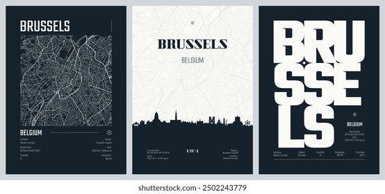 Set of travel posters with Brussels, detailed urban street plan city map, Silhouette city skyline, vector artwork, set 2