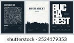 Set of travel posters with Bucharest, detailed urban street plan city map, Silhouette city skyline, vector artwork, set 2