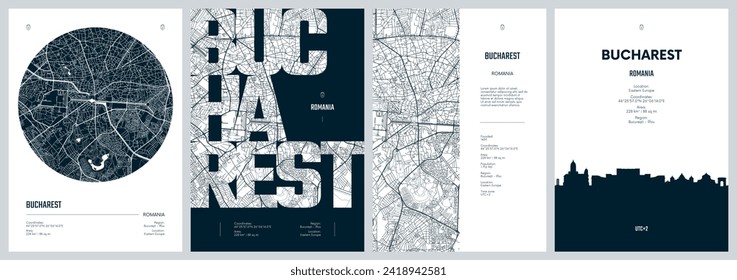 Afiches de viaje con Bucarest, mapa detallado de la ciudad del plan urbano, horizonte de la ciudad de Silhouette, arte vectorial