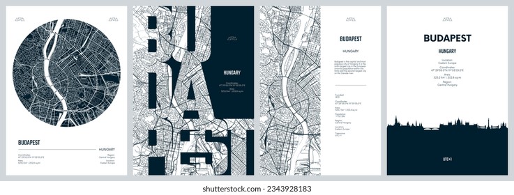 Set of travel posters with Budapest, detailed urban street plan city map, Silhouette city skyline, vector artwork