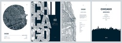 Ensemble D'affiches De Voyage Avec Chicago, Plan Urbain Détaillé De La Ville, Silhouette De La Ville, Illustration Vectorielle