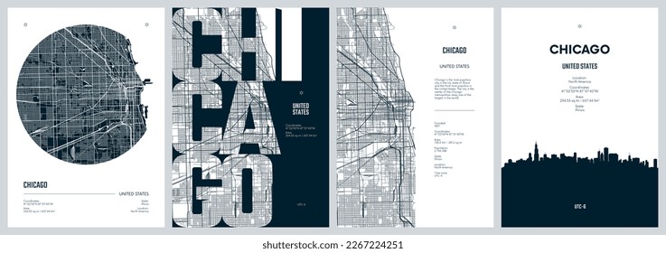 Set of travel posters with Chicago, detailed urban street plan city map, Silhouette city skyline, vector artwork