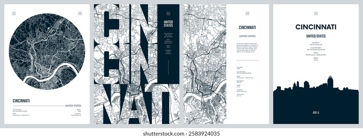 Set of travel posters with Cincinnati, detailed urban street plan city map, Silhouette city skyline, vector artwork