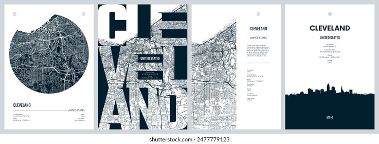 Conjunto de carteles de viaje con Cleveland, mapa detallado de la ciudad de Plan urbano, silueta de la ciudad, ilustraciones de Vector