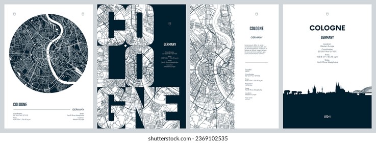 Set of travel posters with Cologne, detailed urban street plan city map, Silhouette city skyline, vector artwork