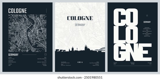 Set of travel posters with Cologne, detailed urban street plan city map, Silhouette city skyline, vector artwork, set 2