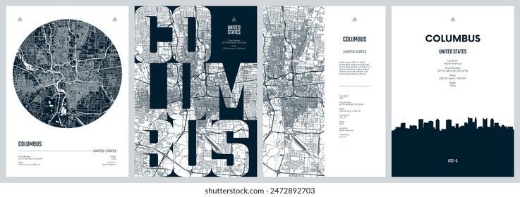 Set of travel posters with Columbus, detailed urban street plan city map, Silhouette city skyline, vector artwork