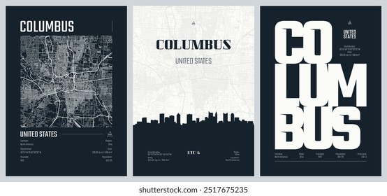 Set of travel posters with Columbus, detailed urban street plan city map, Silhouette city skyline, vector artwork, set 2