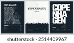 Set of travel posters with Copenhagen, detailed urban street plan city map, Silhouette city skyline, vector artwork, set 2