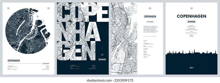 Juego de afiches de viaje con Copenhague, mapa detallado de la ciudad del plan urbano, horizonte de la ciudad de Silhouette, arte vectorial