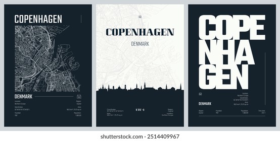 Conjunto de carteles de viaje con Copenhague, mapa urbano detallado de la ciudad de Plan de la calle, horizonte de la ciudad de la silueta, obras de arte del Vector, conjunto 2