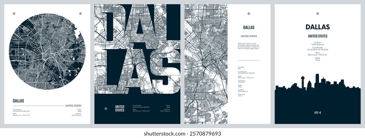 Set of travel posters with Dallas, detailed urban street plan city map, Silhouette city skyline, vector artwork