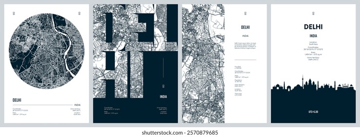 Set of travel posters with Delhi, detailed urban street plan city map, Silhouette city skyline, vector artwork