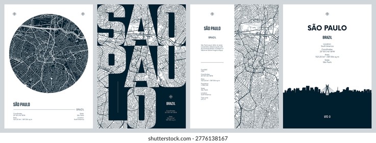 Set of travel posters design with street plan Sao Paulo, capital city in Brazil, South America, Silhouette city skyline, vector artwork, Monochrome printable detailed urban city map