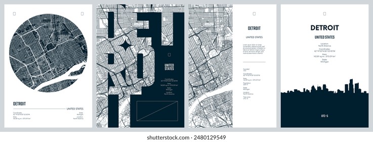 Set of travel posters with Detroit, detailed urban street plan city map, Silhouette city skyline, vector artwork