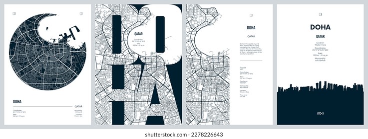 Afiches de viaje con Doha, mapa detallado del plan urbano de la ciudad, horizonte de la ciudad de Silhouette, arte vectorial