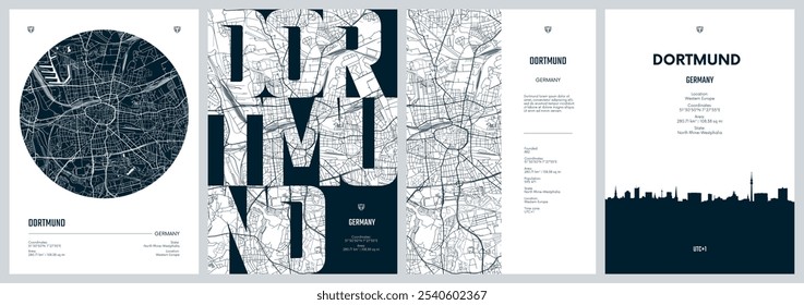 Conjunto de cartazes de viagem com Dortmund, detalhado mapa urbano da cidade do plano de rua, silhueta do horizonte da cidade, arte vetorial