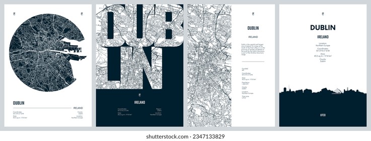 Set of travel posters with Dublin, detailed urban street plan city map, Silhouette city skyline, vector artwork