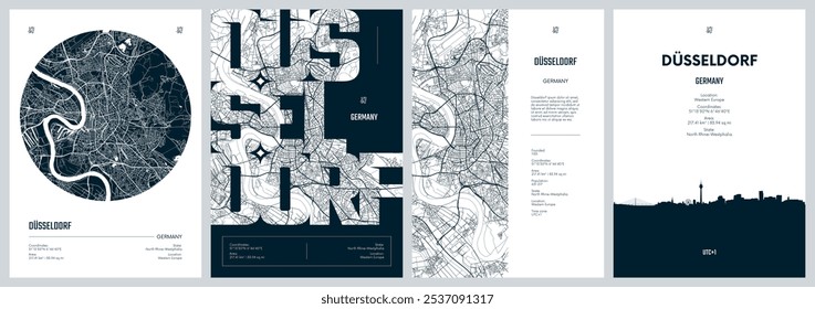 Set of travel posters with Dusseldorf, detailed urban street plan city map, Silhouette city skyline, vector artwork