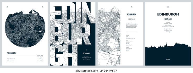 Set of travel posters with Edinburgh, detailed urban street plan city map, Silhouette city skyline, vector artwork