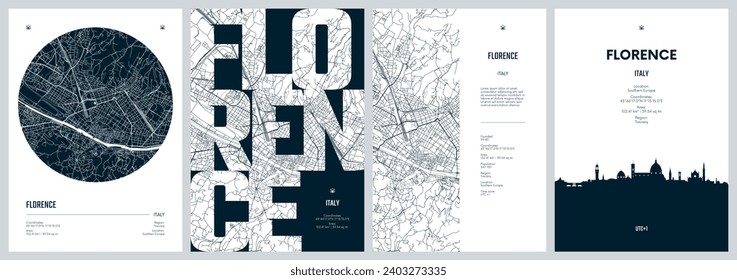 Set of travel posters with Florence, detailed urban street plan city map, Silhouette city skyline, vector artwork
