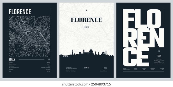 Set of travel posters with Florence, detailed urban street plan city map, Silhouette city skyline, vector artwork, set 2