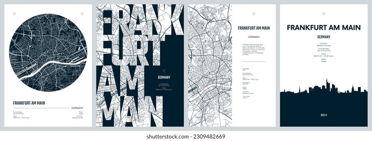Set of travel posters with Frankfurt am Main, detailed urban street plan city map, Silhouette city skyline, vector artwork svg