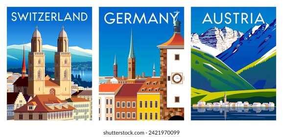 Juego de afiches de viaje. Alemania, Austria y Suiza. Ilustración de vector de dibujo hecha a mano. 