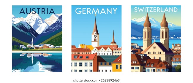 Set of travel posters. Germany, Austria and Switzerland. Handmade drawing vector illustration.