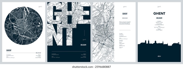 Set of travel posters with Ghent, detailed urban street plan city map, Silhouette city skyline, vector artwork