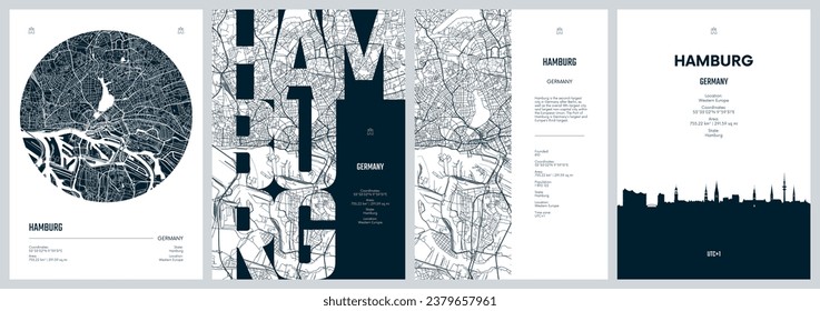 Set of travel posters with Hamburg, detailed urban street plan city map, Silhouette city skyline, vector artwork svg