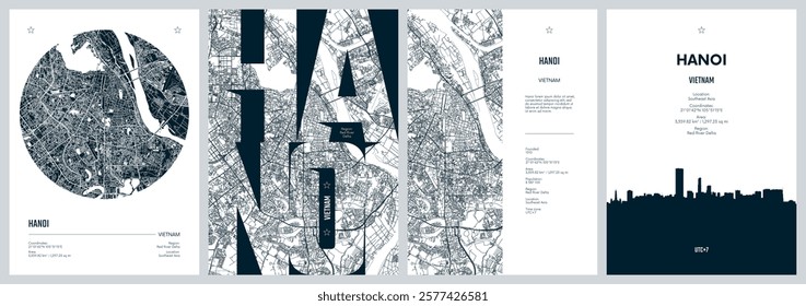 Set of travel posters with Hanoi, detailed urban street plan city map, Silhouette city skyline, vector artwork