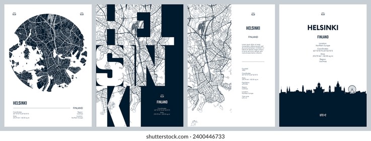 Set of travel posters with Helsinki, detailed urban street plan city map, Silhouette city skyline, vector artwork