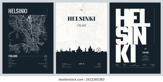 Set of travel posters with Helsinki, detailed urban street plan city map, Silhouette city skyline, vector artwork, set 2