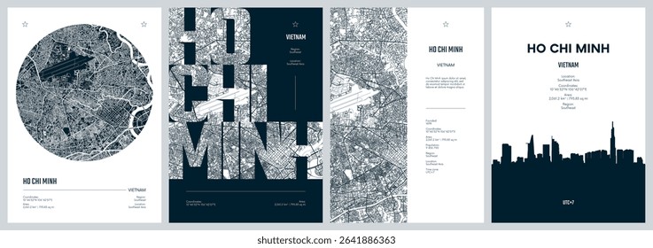 Set of travel posters with Ho Chi Minh, detailed urban street plan city map, Silhouette city skyline, vector artwork