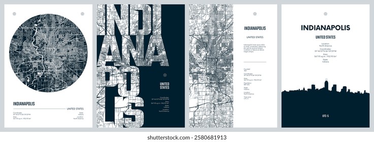 Set of travel posters with Indianapolis, detailed urban street plan city map, Silhouette city skyline, vector artwork