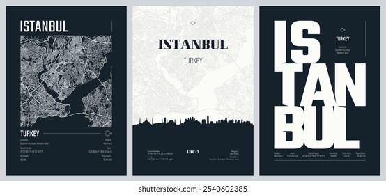 Set of travel posters with Istanbul, detailed urban street plan city map, Silhouette city skyline, vector artwork, set 2