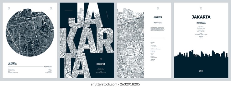 Set of travel posters with Jakarta, detailed urban street plan city map, Silhouette city skyline, vector artwork