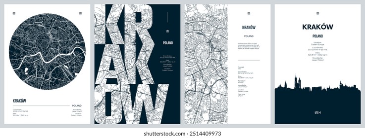 Set of travel posters with Krakow, detailed urban street plan city map, Silhouette city skyline, vector artwork
