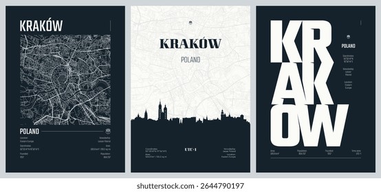Set of travel posters with Krakow, detailed urban street plan city map, Silhouette city skyline, vector artwork, set 2