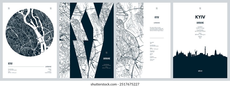 Conjunto de carteles de viaje con Kiev, mapa urbano detallado de la ciudad de Plan de la calle, horizonte de la ciudad de la silueta, obras de arte del Vector