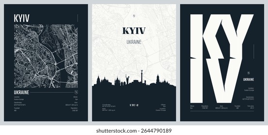 Set of travel posters with Kyiv, detailed urban street plan city map, Silhouette city skyline, vector artwork, set 2
