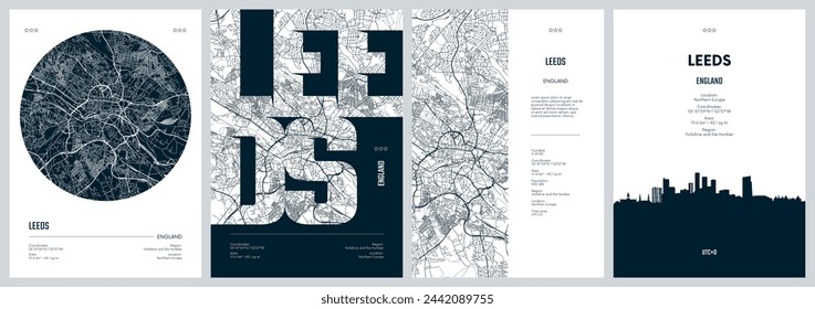 Set of travel posters with Leeds, detailed urban street plan city map, Silhouette city skyline, vector artwork