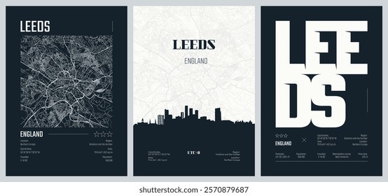 Set of travel posters with Leeds, detailed urban street plan city map, Silhouette city skyline, vector artwork, set 2