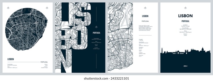 Set of travel posters with Lisbon, detailed urban street plan city map, Silhouette city skyline, vector artwork