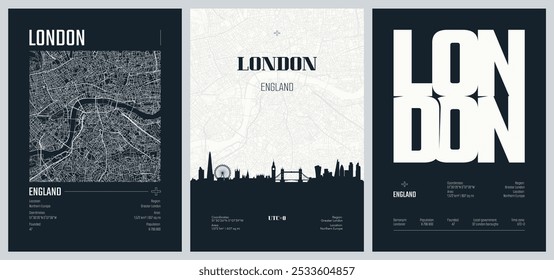 Conjunto de carteles de viaje con Londres, mapa urbano detallado de la ciudad de Plan de la calle, horizonte de la ciudad de la silueta, obras de arte del Vector, conjunto 2